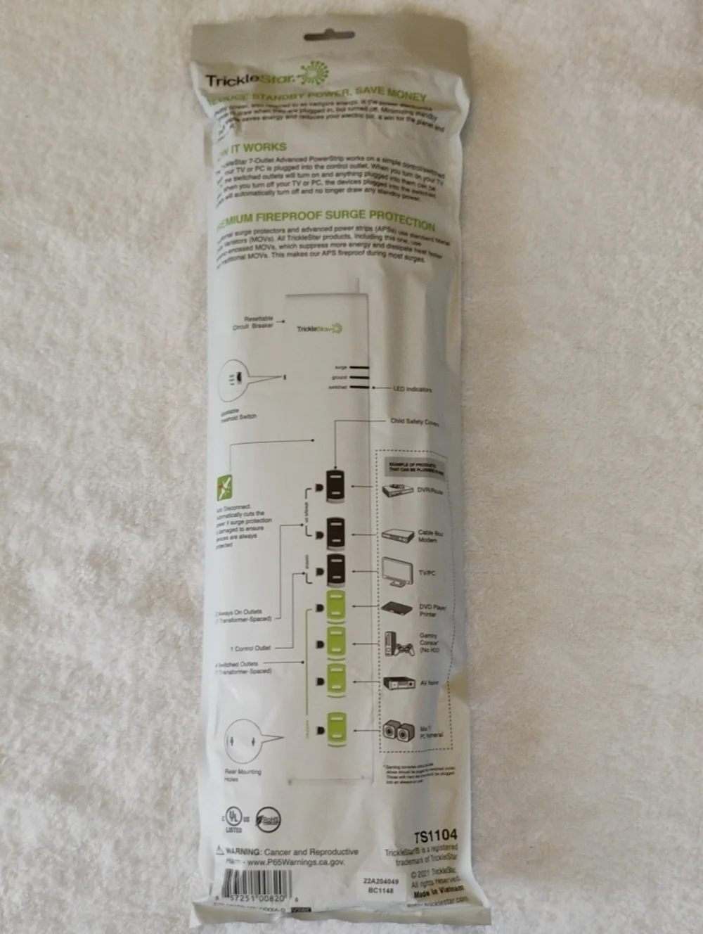 Tricklestar Advanced Power Strip 7-Outlet Surge Protector - White/Green